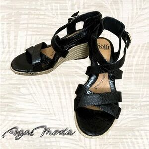 Söfft Black Leather Wedge Sandals with Ankle Closure